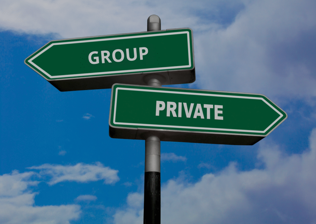 Current image: two street signs, one says group and the other says private