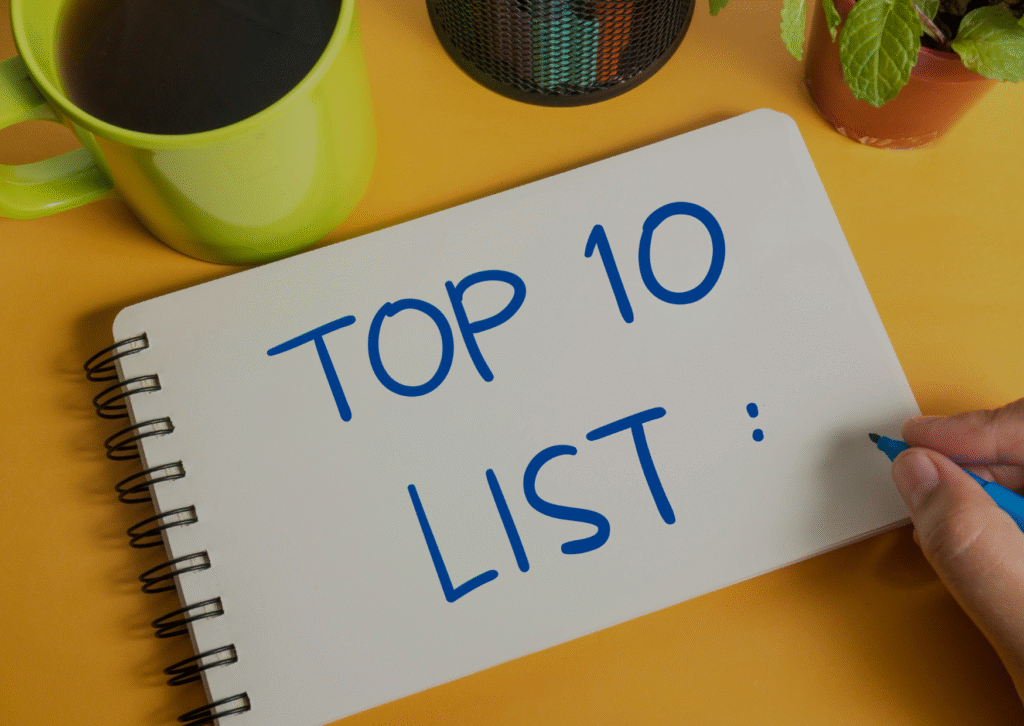 Current image: top 10 written in a book